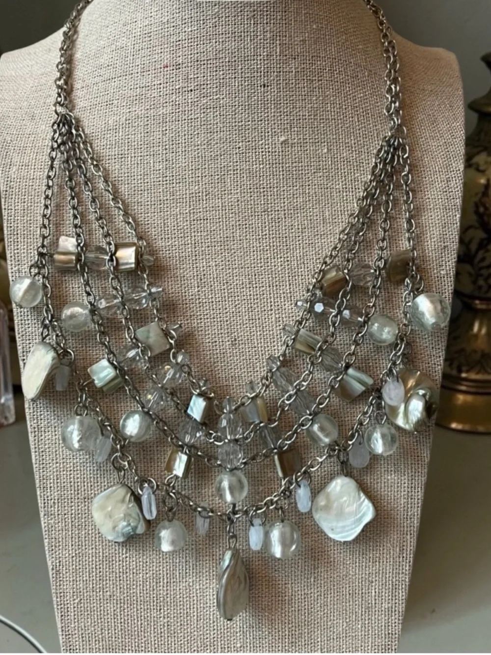 Vintage Silver Chain Multi Strand Natural Abalone Bib Necklace